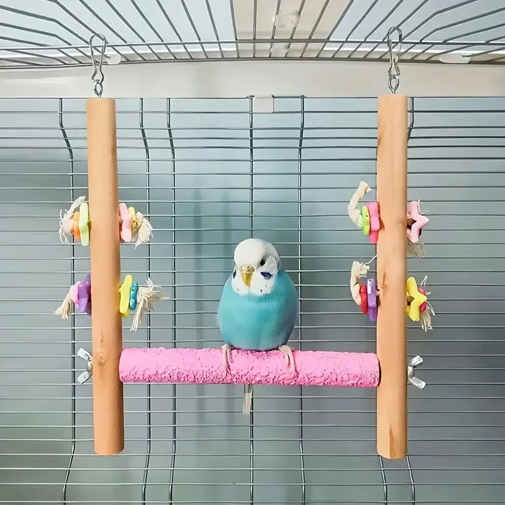 Colorful Solid Wood Bird Swing Toy with Frosted Rod Perch & Claw Care Chew Toy for Pet Bird Parrot Decorative Cage Accessory 1pc