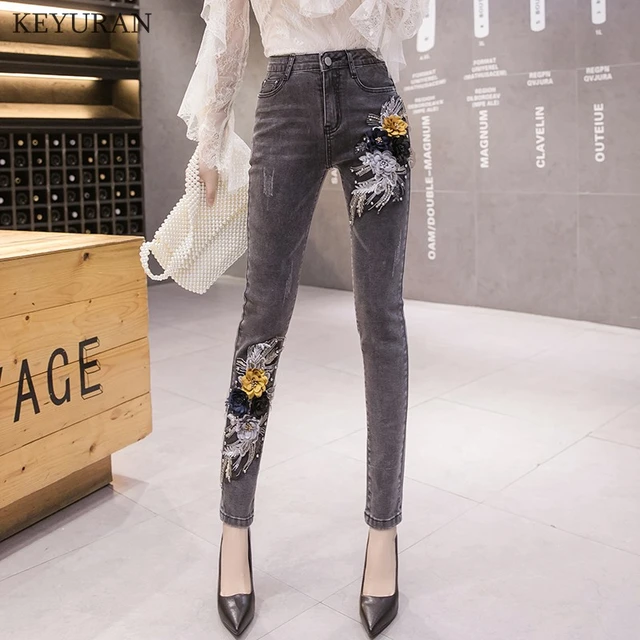 Women 3D Floral Applique Jeans 2021 Flower Embroidery Beading Long