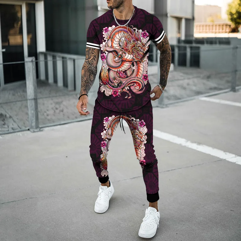 Fashion Summer Men's Clothing Set Animal Picture Retro Oversized Hip Hop Short Sleeve T-Shirt Trousers Suit Sportswear Chic