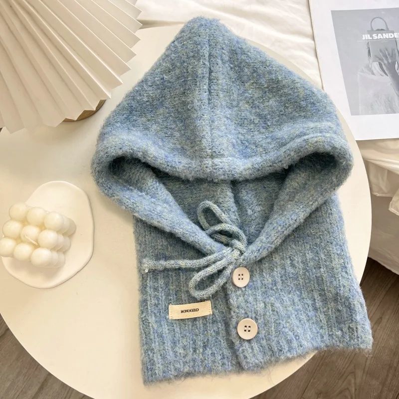 2024 neue Stil Südkorea Sturmhaube Hut All-in-One Warm Halten Gehörschutz Mit Kapuze Schal Gestrickte Woll Kappe – Detail 13