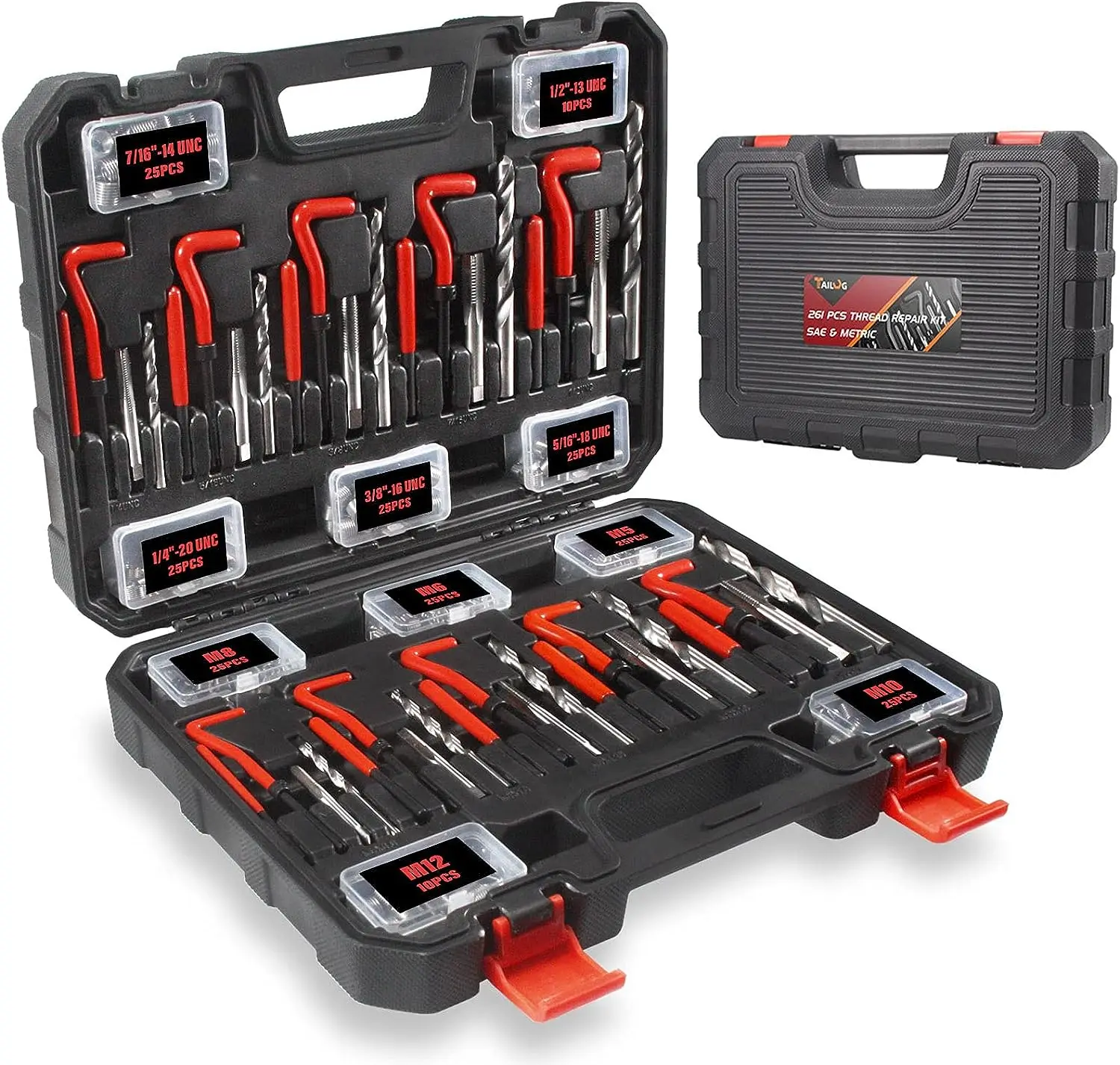 

Repair Kit, 261-Piece HSS Drill Helicoil Repair Kit SAE & Metric 1/4" 5/16" 3/8" 7/16" 1/2" M5 M6 M8 M10