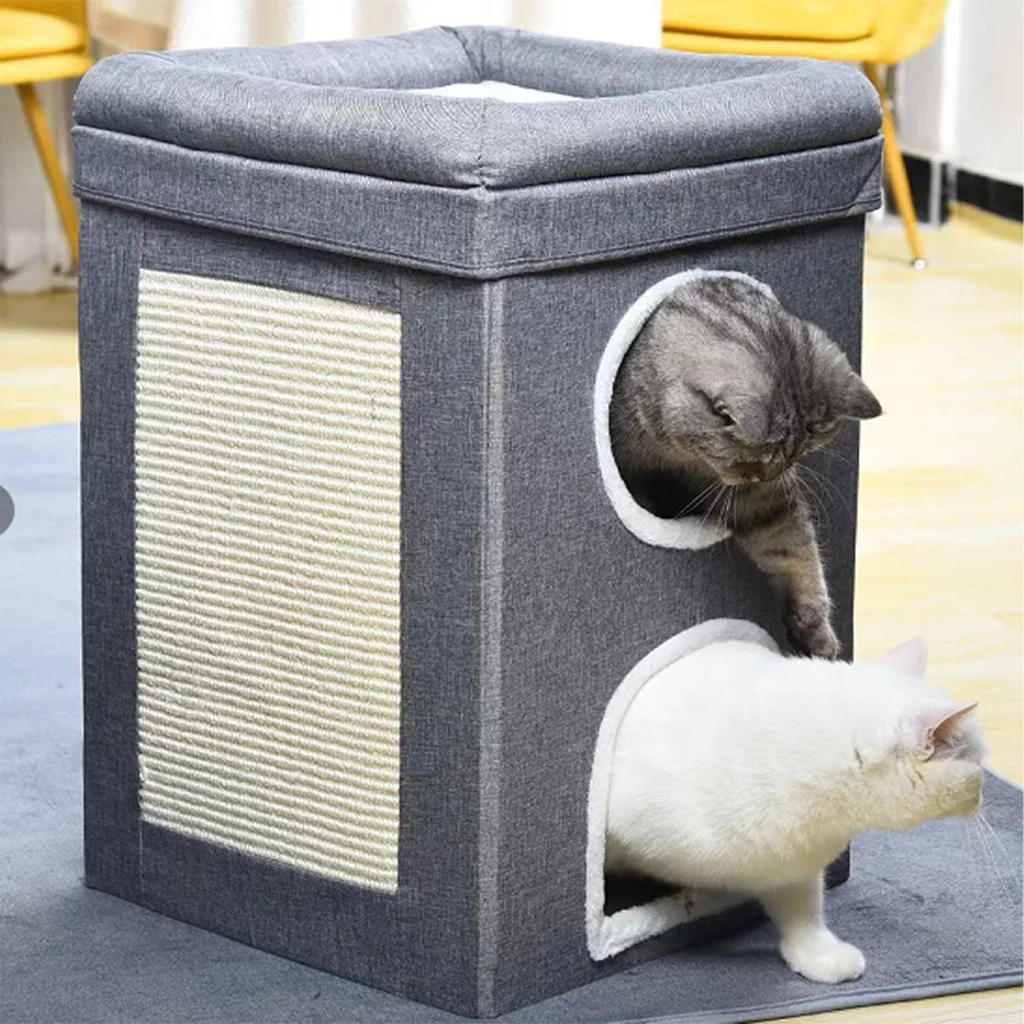 Katzenbett, Katzenhaus, Höhle und Turm, faltbar, für den Innenbereich, 3-lagig, mit klammerbarem Kratzbaumbrett, effizient in 2 große Katzen, Würfelbett – Detail 8