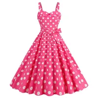 Women's Summer Dress Sexy Retro Pink Dot Plaid Spaghetti Strap Gown High Waist Party Clothes - Image 2