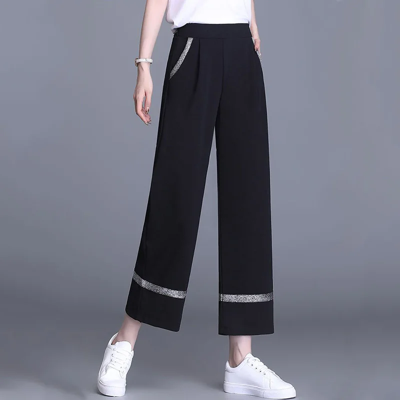 Fashion Women Black Wide Leg Pants Summer New Bright Edge Thin Elastic High Waist Korean All-match Casual Straight Trousers 2023 raw edge micro flare jeans for women high waist elastic slim flared denim pants casual retro fit skinny trousers elegant fashion