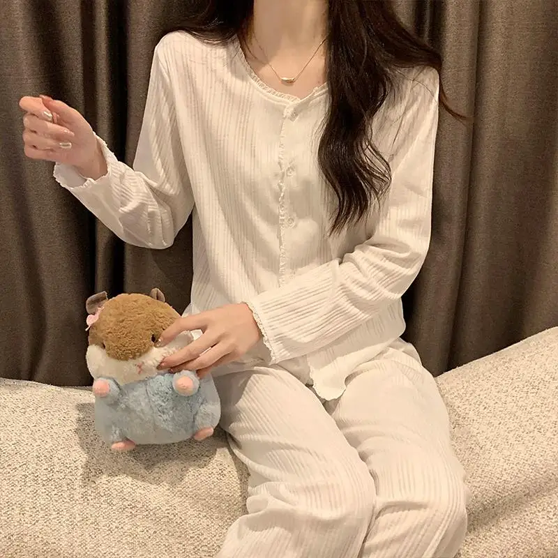 여성 잠옷, 일본 GP 틈새 잠옷, 봄/가을 시즌, 순면, 얇은 그물, 레드 스타일 레이스, 라운드 넥 가디건, 홈웨어