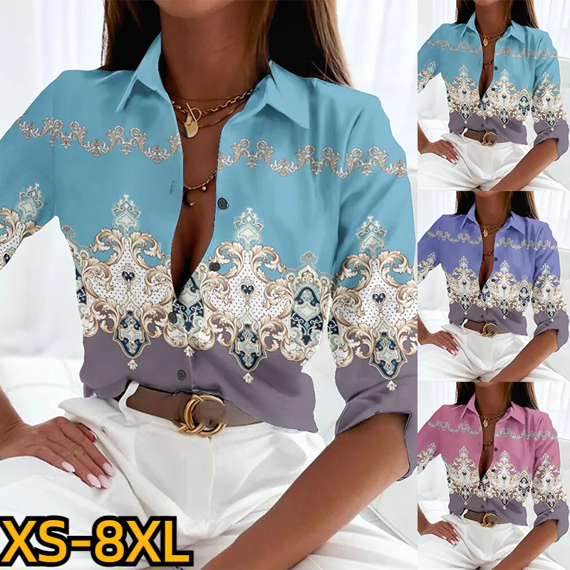 

2023 Spring Summer Hot Selling Fashion Women Shirt Slim Single Breasted Blouses Office Lady Turn-down Collar Print Button Shirt