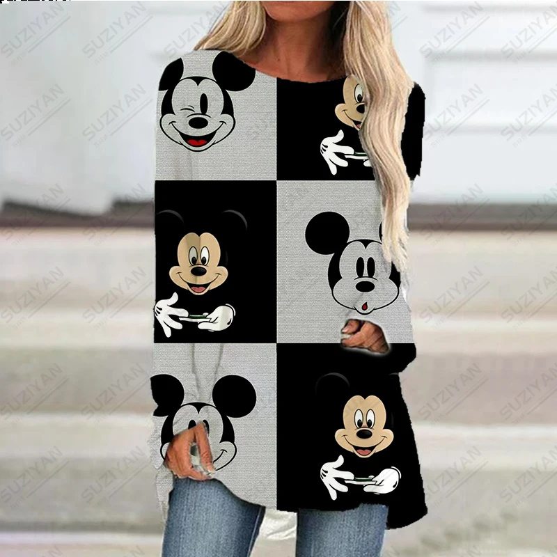 

New Spring/Summer Women's A-line Skirt Disney Mickey Mouse 3D Printed Beach Skirt Women's Round Neck Pullover Long Sleeve Top