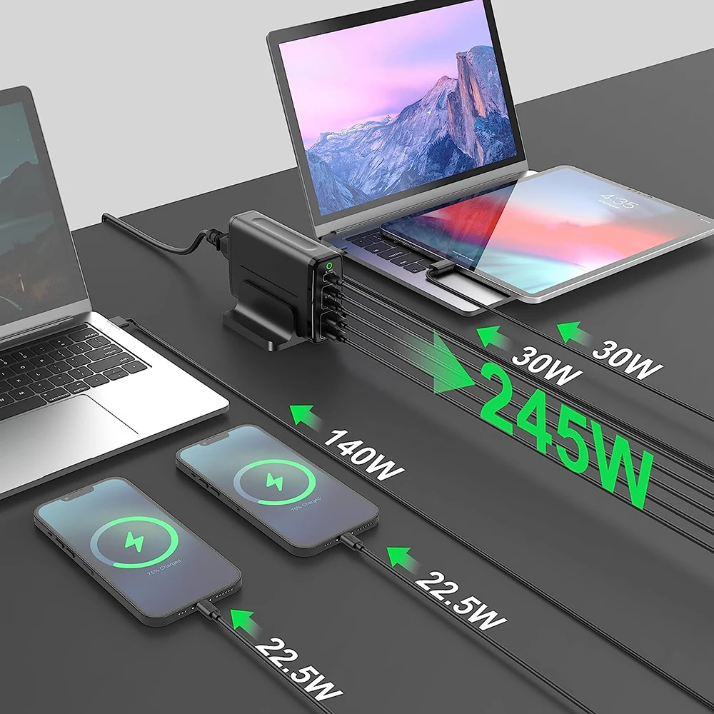 Ubigbuy 245W USB C Power Adapter GaN III 140W PD3.1 Type C Charger 5-Port Fast Charging Station for MacBook iPhone Samsung Phone