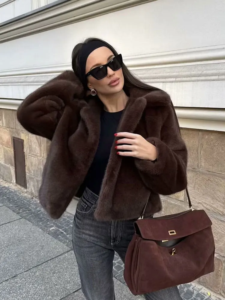 HH Women Casual Brown Short Faux Fur Coat Turn-Down Collar Long Sleeve Jacket 2025 Autumn Winter Loose High Street Outwear