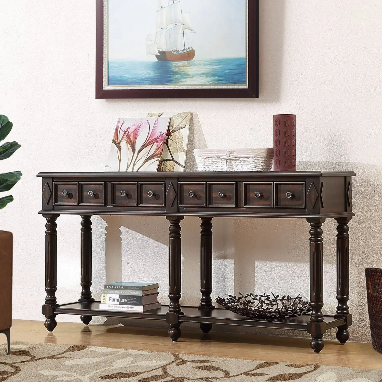 

Distressed Black Retro Console Table, 58" Long Entryway Sofa Table with 2 Drawers and Bottom Shelf for Storage - Vintage Chic Ac
