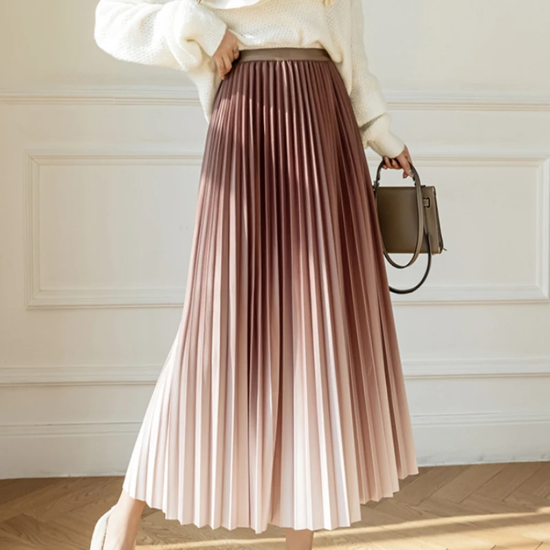 

Gradient Color Pleated Skirt Women Sping Fall Fairycore Drape A-line Mid-length Skirt Female Korean Style Y2k