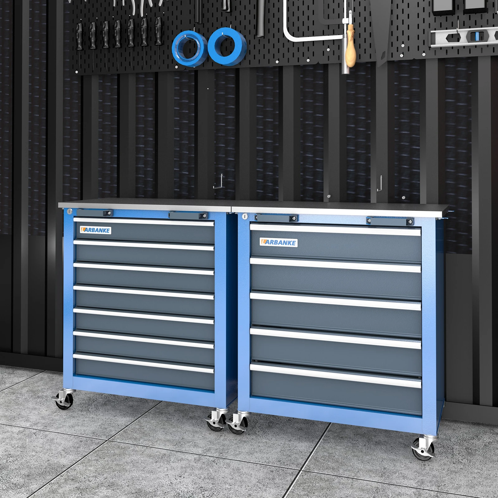 Combination Tool Cabinet,7 Drawer Tool Chest and 5 Drawer Tool ChestRolling Tool Chest with 360° Brake Wheels and Padded Feet 5