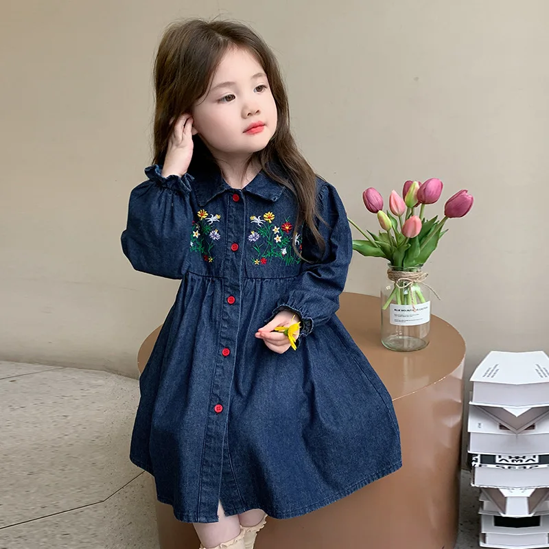 Children Girls Flower Embroidery Denim Dress Turn Down Collar Single  Breasted Kids Girl Dress Loose Long Sleeve Babys Girl Dress - AliExpress  1501