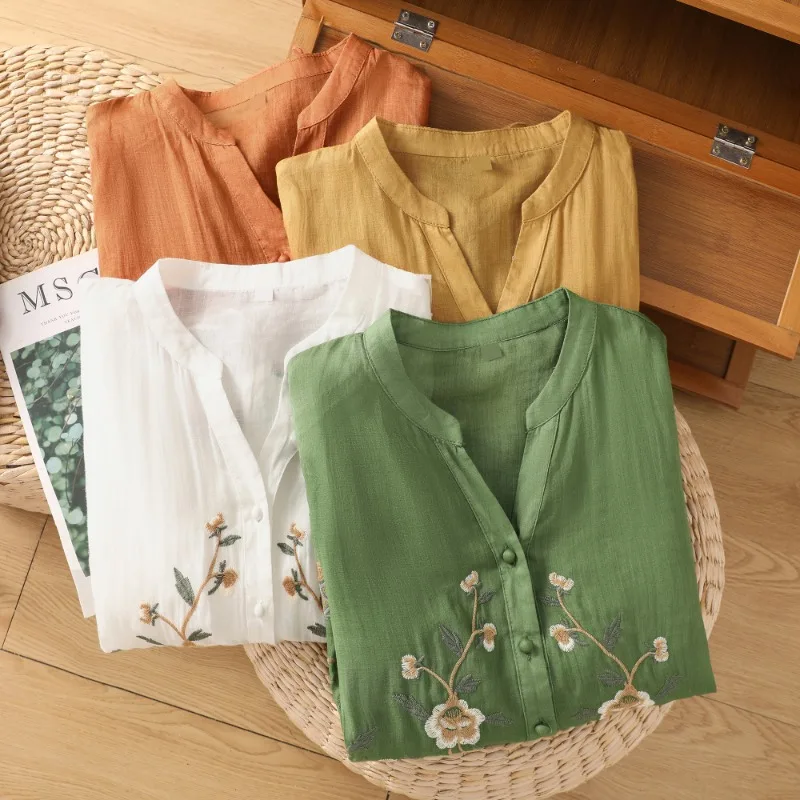 YCMYUNYAN-Vintage Embroidery Blouses for Women, Ladies Clothing, Loose, Short Sleeves, Cotton Linen Tops, Chinese Style, Summer
