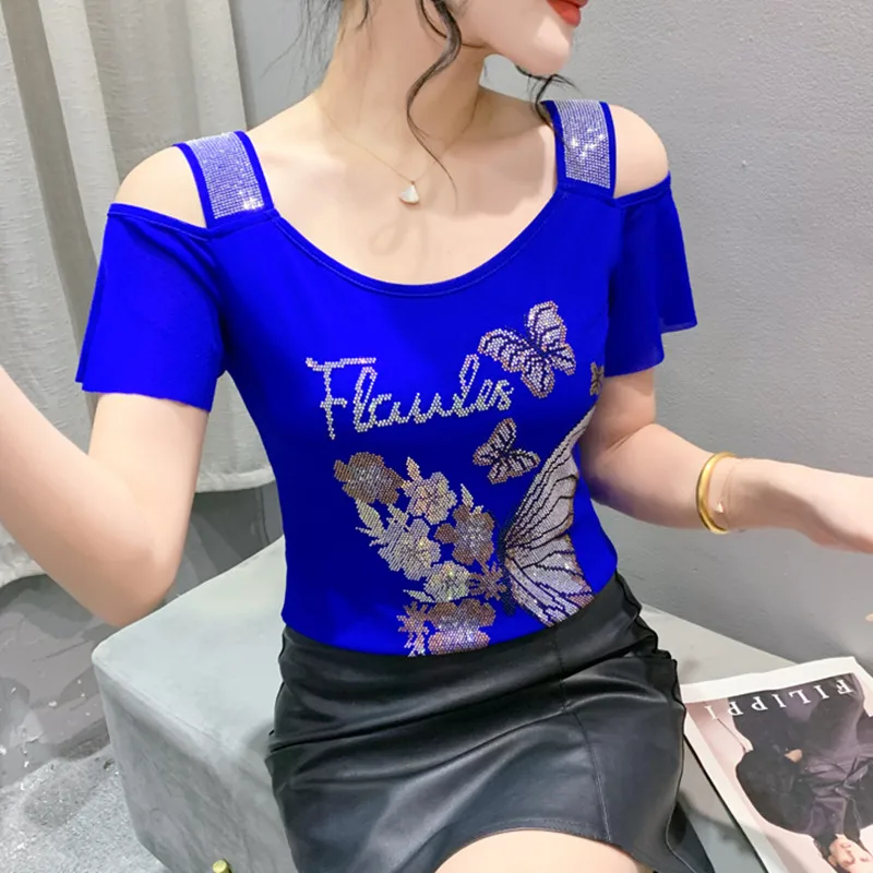 

European Summer Clothes Luxury Butterfly Shiny Diamonds T-Shirt For Women's Sexy O-Neck Off-Shoulder Brand Tops Femmes Tees