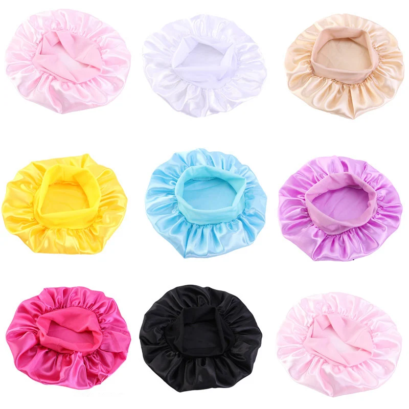 Kids Satin Solid Color Sleeping Hat Night Sleep Baotou Cap Cute Bow Elastic Hair Care Bonnet Nightcap Bonnet Turban Headwear