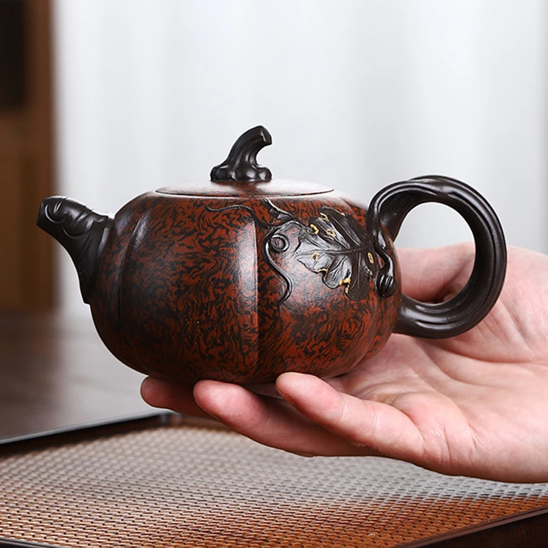 Chinese Style Pumpkin Shaped Teapot, Purple Clay Twisted Mud, Kung Fu Household Supplies, Pure Handmade, 370ML, Tea Pots, 1Pc