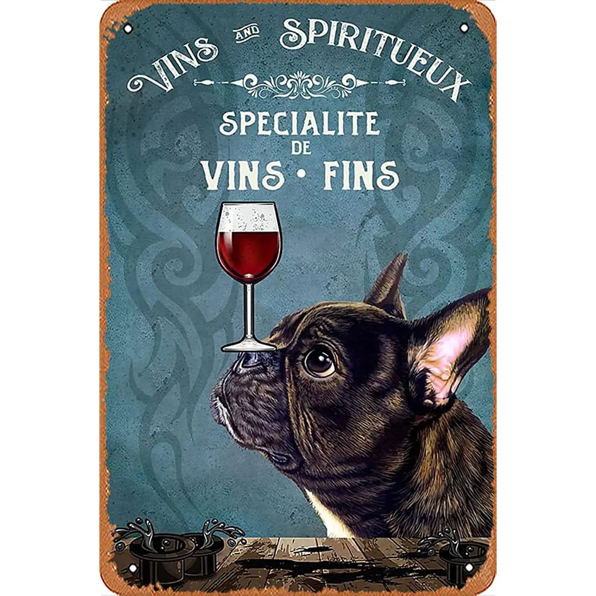 Vins y Spiritus De Bulldog Francés, cartel De vino tinto, arte De pared, pintura De Metal, letrero De metal