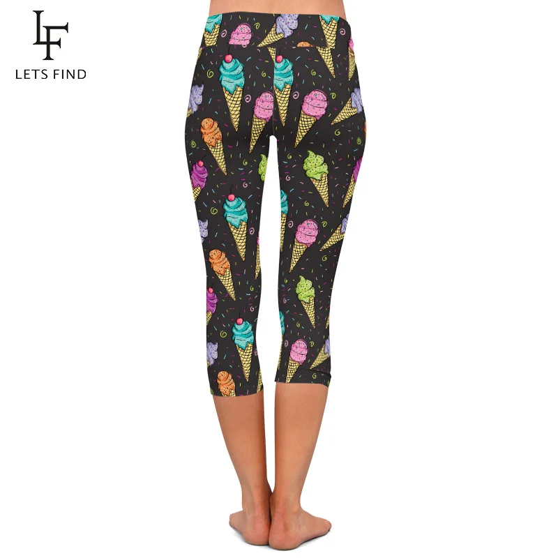 LETSFIND New 220gsm Double Side Brushed Milk Silk Print Women High Waist Capri Leggings Colorful Ice Cream Style Pants