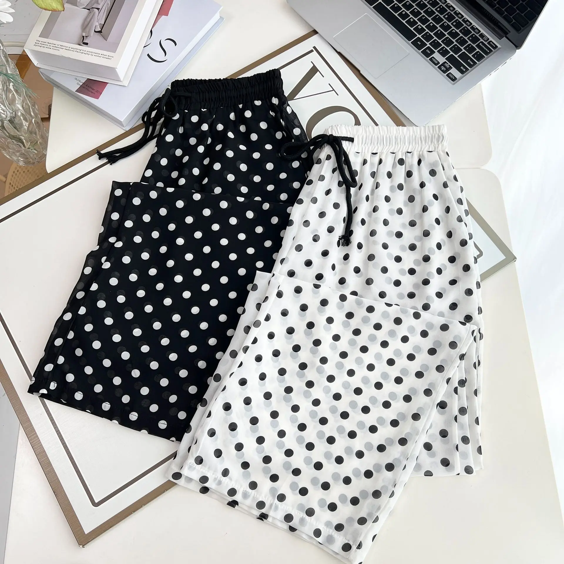 100kg Plus Size Women's Wide Leg Pants Casual Simple Translucent  Thin Polka Dot Chiffon Trousers Summer New 1686
