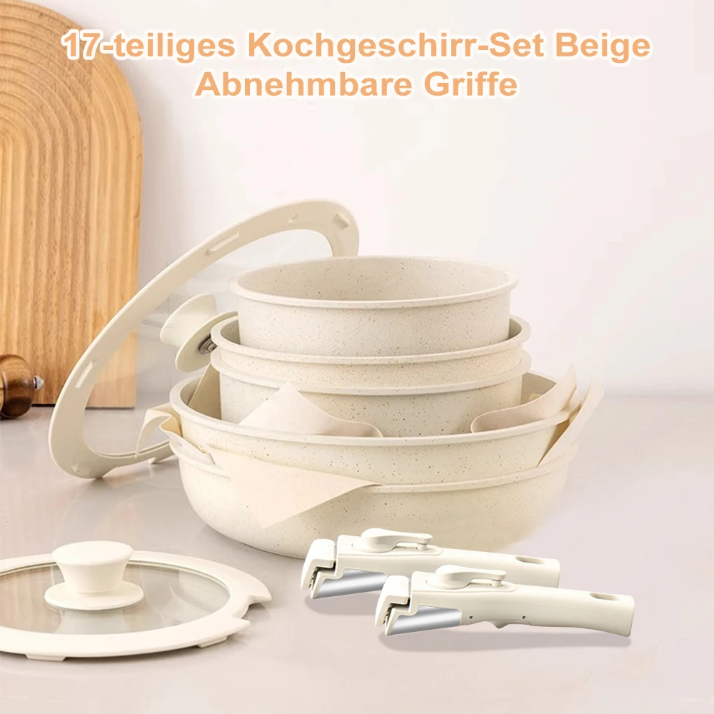DFITO 5-teiliges/17-teiliges Antihaft-Kochgeschirr-Set Beige, Töpfe und Pfannen mit Abnehmbarem Griff, Platzsparendes Stapelbares Kochset, Ofenfest – Detail 3