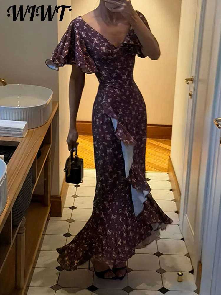 Floral Print 2026 Summer Lady Sexy V-neck Ruffles Short Flare Sleeve Split Midi Dresses Women's Slim High Waisted Party Vestidos 2