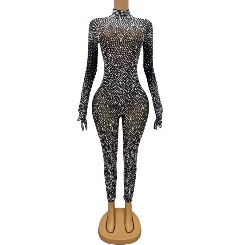 

Silver Rhinestones Gloves Jumpsuit TransparentMesh Stones Bodysuit Pants Birthday CelebrateOutfit Evening Sexy Dance Costumes