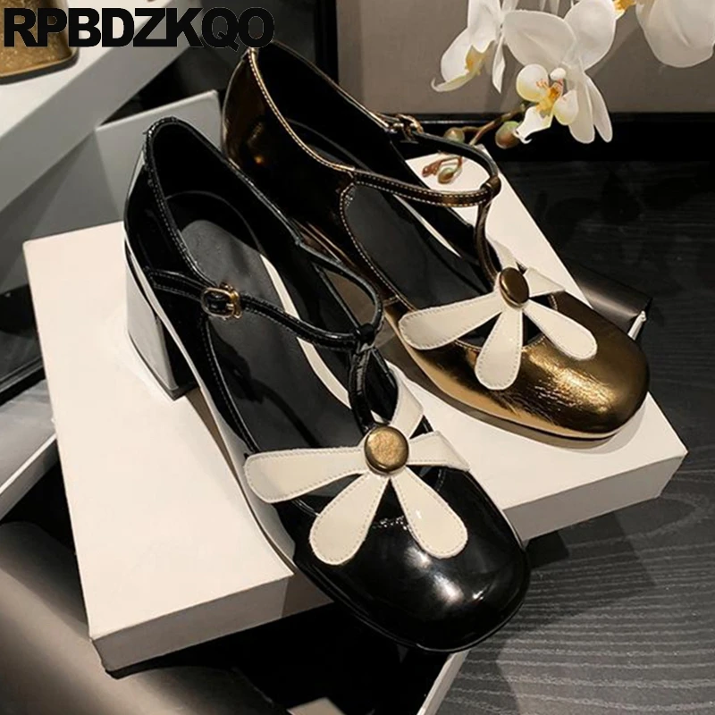 

Floral Medium Heel Block 34 Pumps Metallic Nice Square Toe Shoes Women Flower Y2k Cow Skin Real Leather Runway T Strap Patent