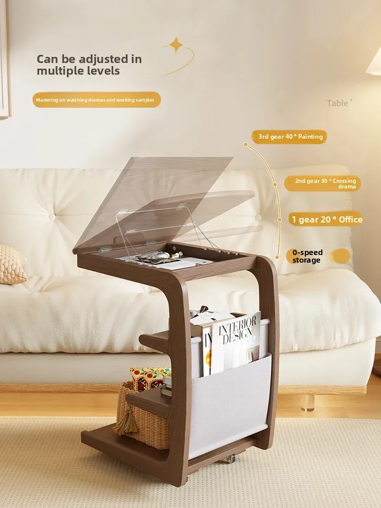 Solid Wood Movable Sofa Side Table With Wheels For Living Room Bedside Coffee Table Small Home Storage Cabinet Table