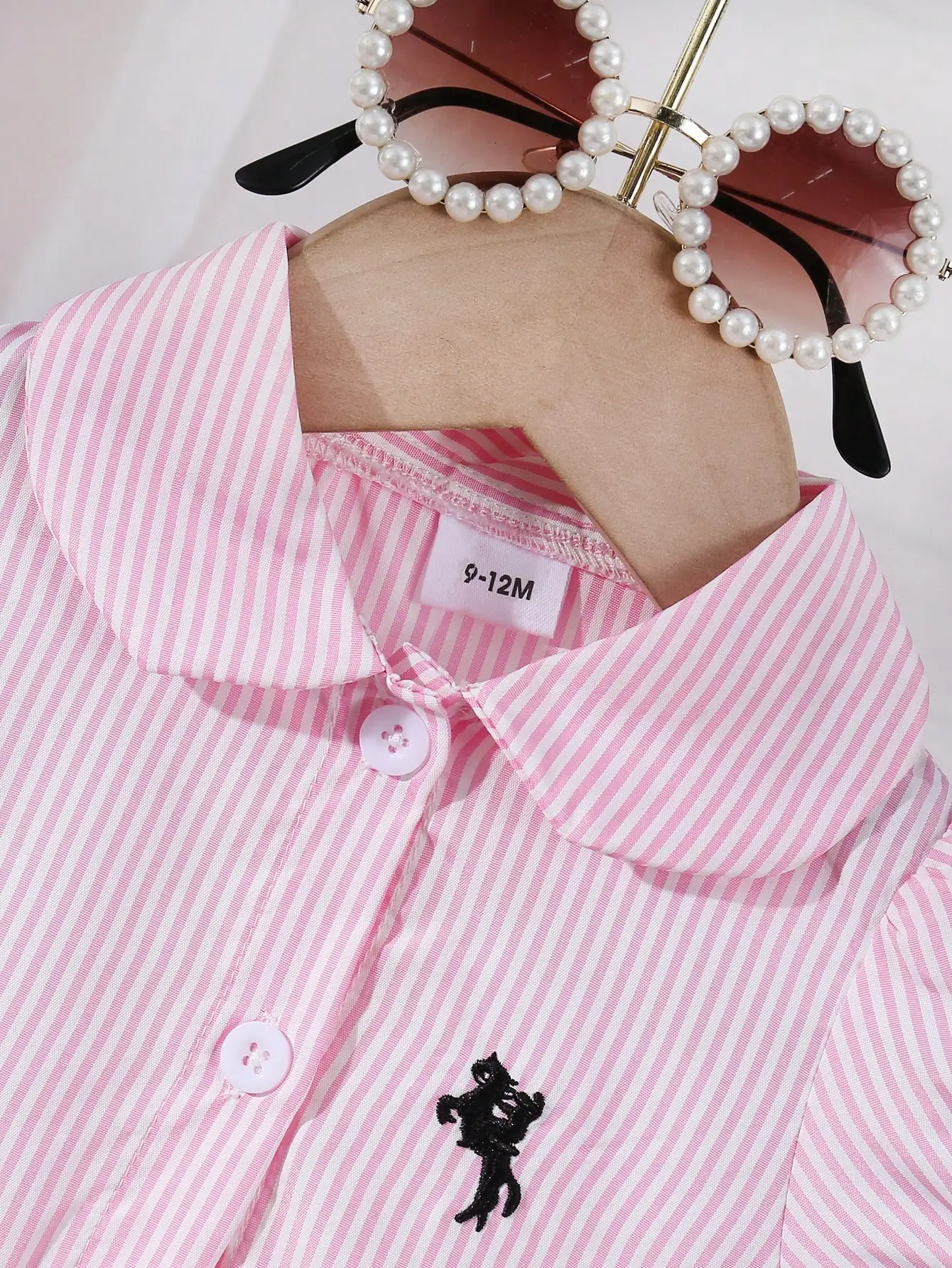 Baby Girl Embroidered Striped Stand Collar Bubble Sleeve Dress, Fresh College Style, Perfect for Outdoor Play, Versatile and Cut 5