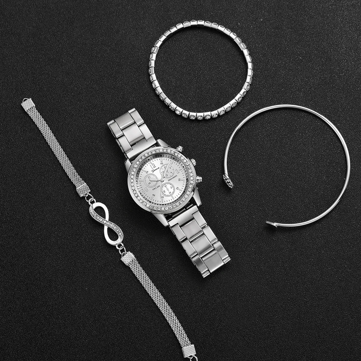 4PCS/Set Fashion Rhinestone Women‘s Watch Stainless Steel Band Quartz Watches Silver Bracelets Set 3