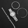 4PCS/Set Fashion Rhinestone Women‘s Watch Stainless Steel Band Quartz Watches Silver Bracelets Set 3