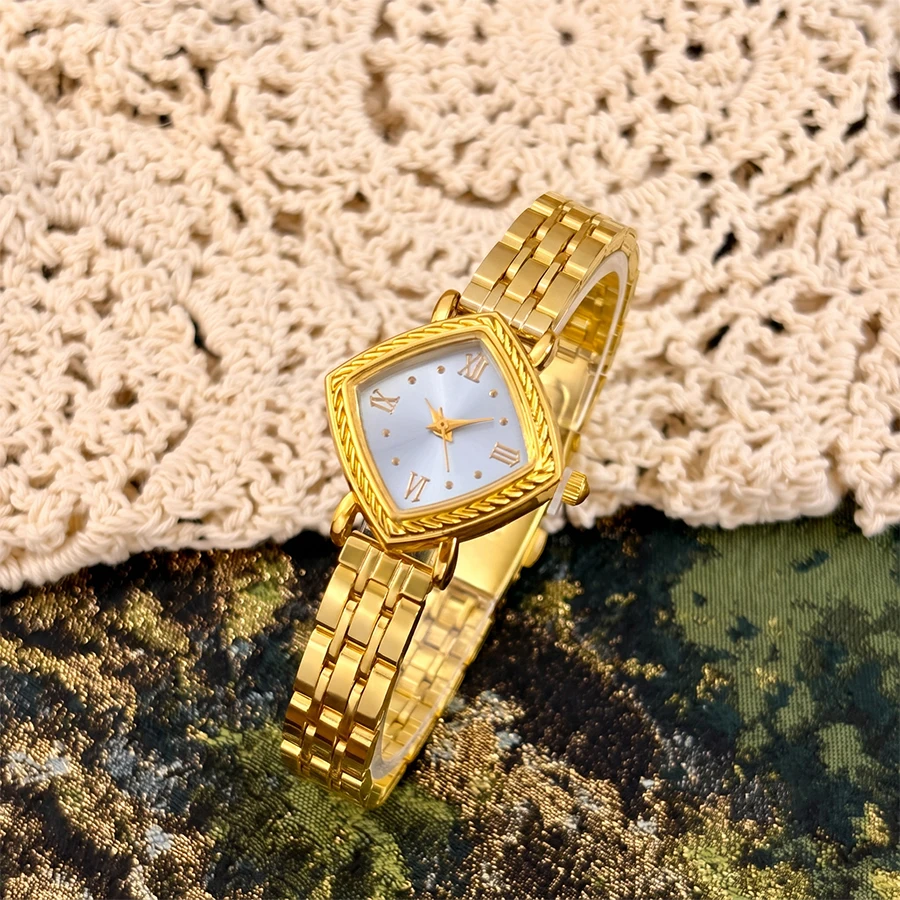 Gold Watch: Timeless Mid-Century Retro with Diamond Dial and Brushed Stainless Steel Band