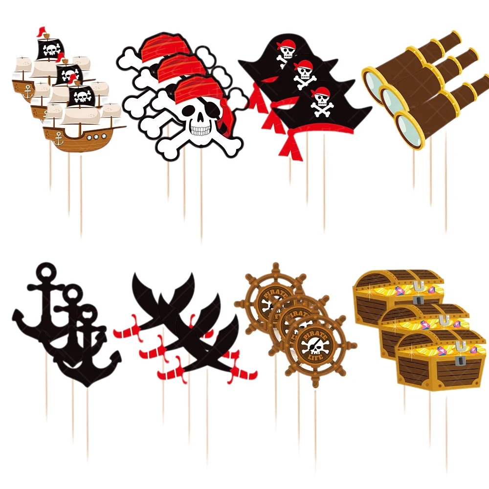 

24Pcs Pirate Birthday Cake Decorations Pirate CupCake Toppers Skull Cap Cupcake Picks Captain Treasure Theme Party Supplies