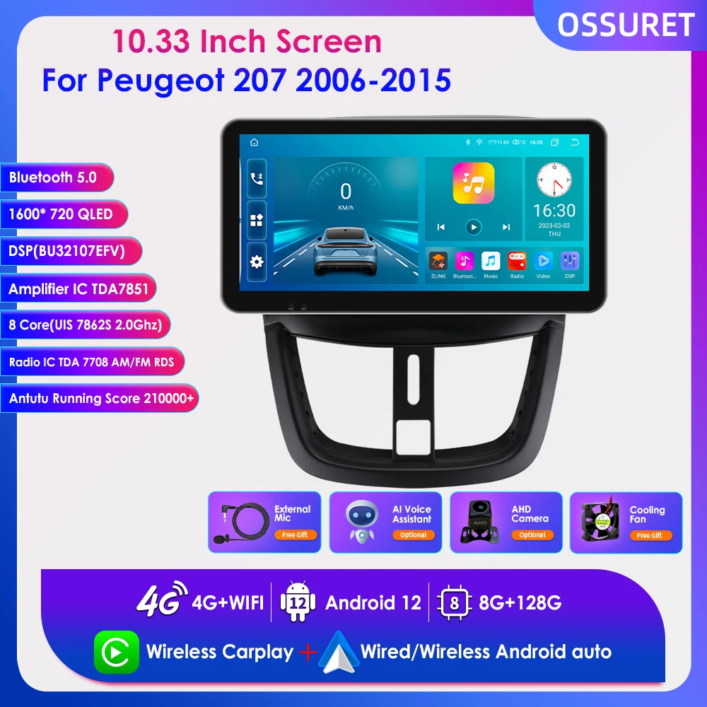 10.33 Car Intelligent System for Peugeot 207 207CC 2006-2015 Radio Android  12 2din Multimedia Player Navi Carplay Screen Stereo - AliExpress