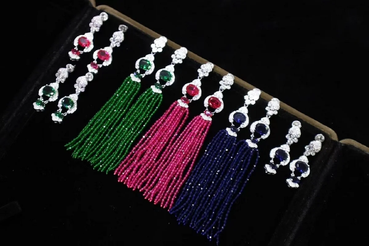 Pirmiana Three Color Red Green Blue S925 Silver Tassel Earrings Fashion Jewelry Women