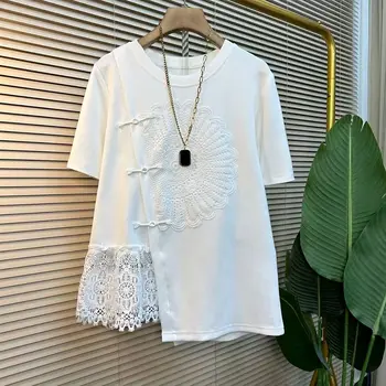 Trend Lace Patchwork Irregular Loose T Shirts Summer Short Sleeve Plus Size Street Casual Tops Fashion Vintage Women Clothing 1