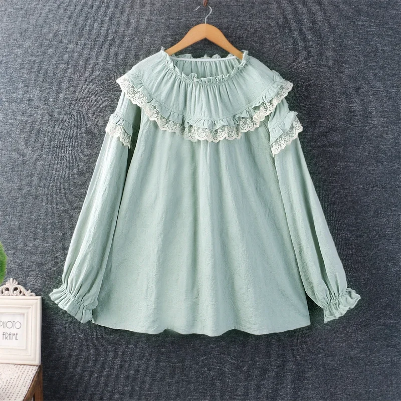

Mori Girl Sweet Lace Ruffle Collar Blouse for Women, Long Sleeve, Loose Cotton Shirt, Casual Tops, Japanese and Korean Style