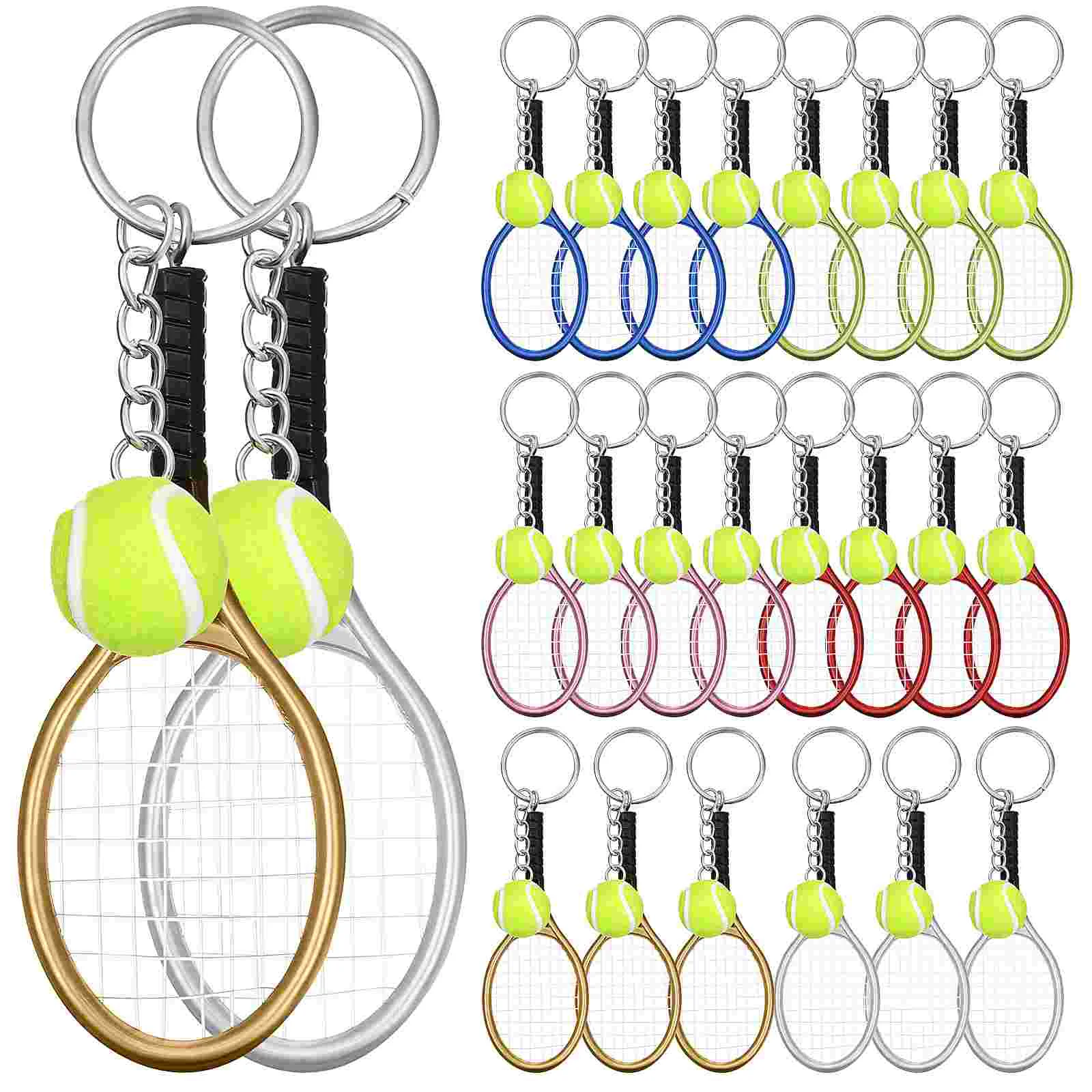 24 Pcs Key Chain Souvenir Gifts Tennis Racket Ball Ring Fob Toy Holder Flocking Decorative Keychain Mini Pendant