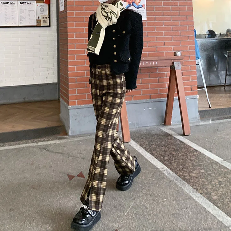 slacks Spring Vintage Pants Women High Waist Plaid Pattern Printed Button Flare Pants Summer 2022 New Fashion cargo pants for women