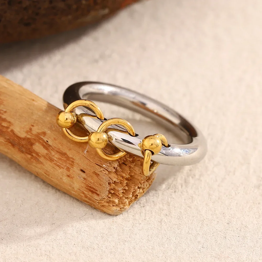 Double Mixed Color Mini Round Circle Bead Tassel Rings for Women PVD Waterproof Stainless Steel Finger Ring Vintage Punk Jewelry