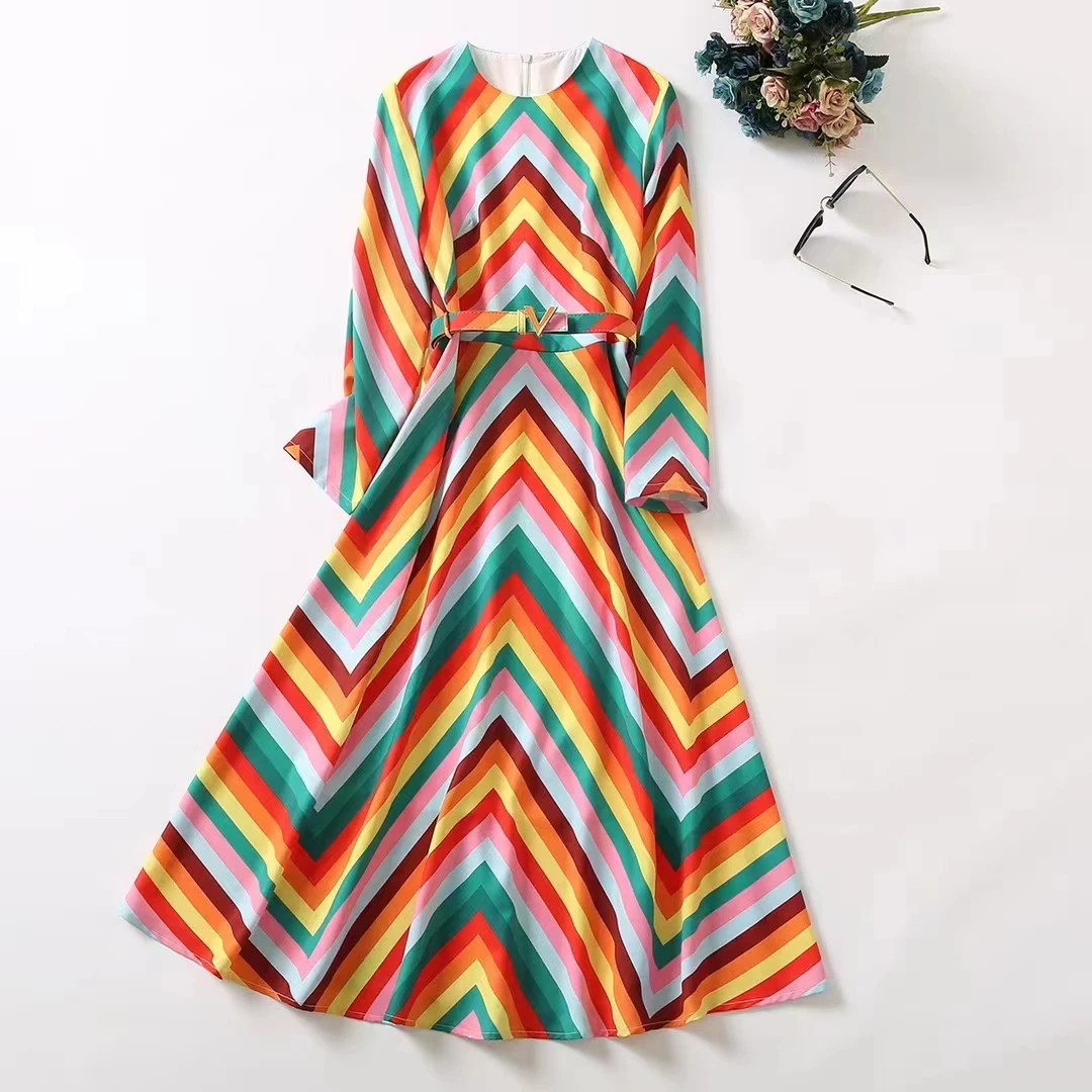 

European and American women's summer 2022 new Geometric printing round collar and long sleeves Slim dresses fashionable belts