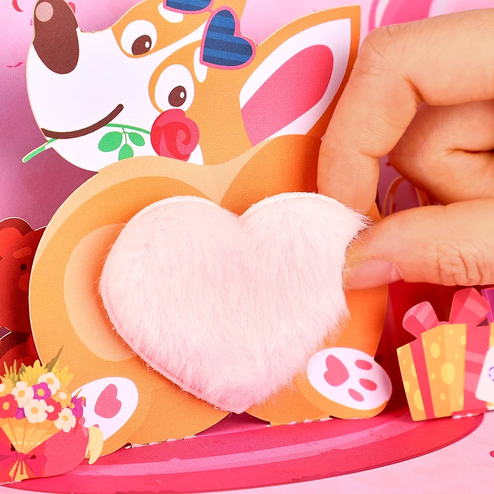 3D Pop-up Greeting Card Lovely Heart Puppy Balloon Cartoon Valentine's Day Gift For Wife Lover Girlfriend