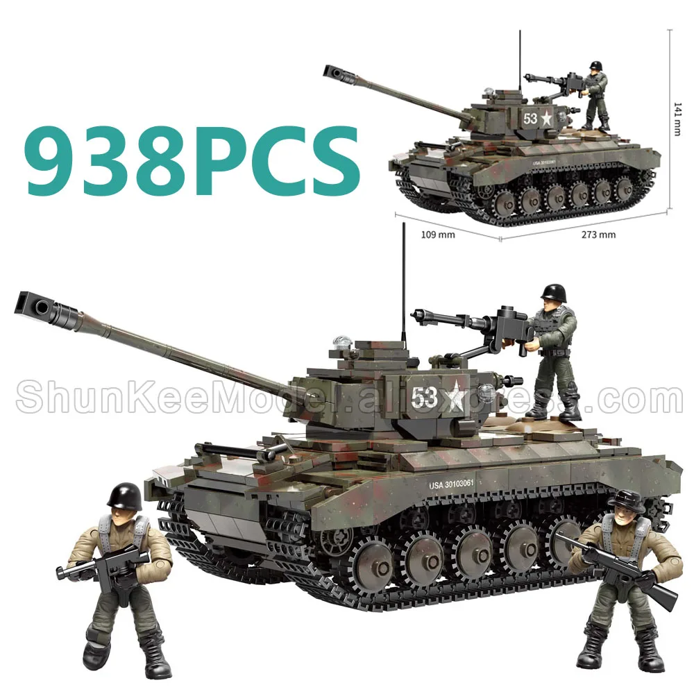 

938Pcs M26 Tank World War Military Battle of Rhineland Army Action Figures Mega Block WWII Weapon Building Bricks Boy Toy
