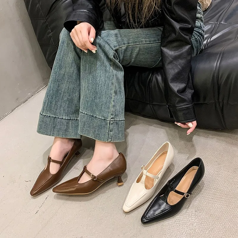 2025Woman Fashion Pointed Toe Buckle Shoes Apricot Retro Kawaii Solid Female Shoes Flats Casual Shallow Mouth Mary Jane Shoes 2