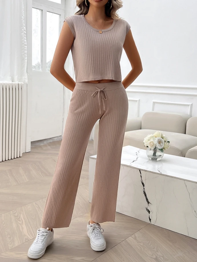 Women's Crew Neck Slim-Fit Sweater Set 2024 New Fashion Solid Color Ice Cool Silk Sleeveless Temperament Commuting Pants Set