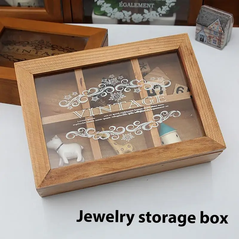 

Retro 6 Grid Wooden Jewelry Box with Flip-Top Transparent Lid Elegant Jewelry Organizer for Figurines Rings Toys Necklaces Earri