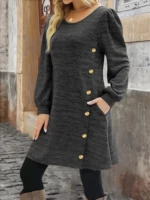 Elegant Plus Size Women's Dress Autumn Winter, Round Neck Long Sleeve Button Pocket Fashion Dress