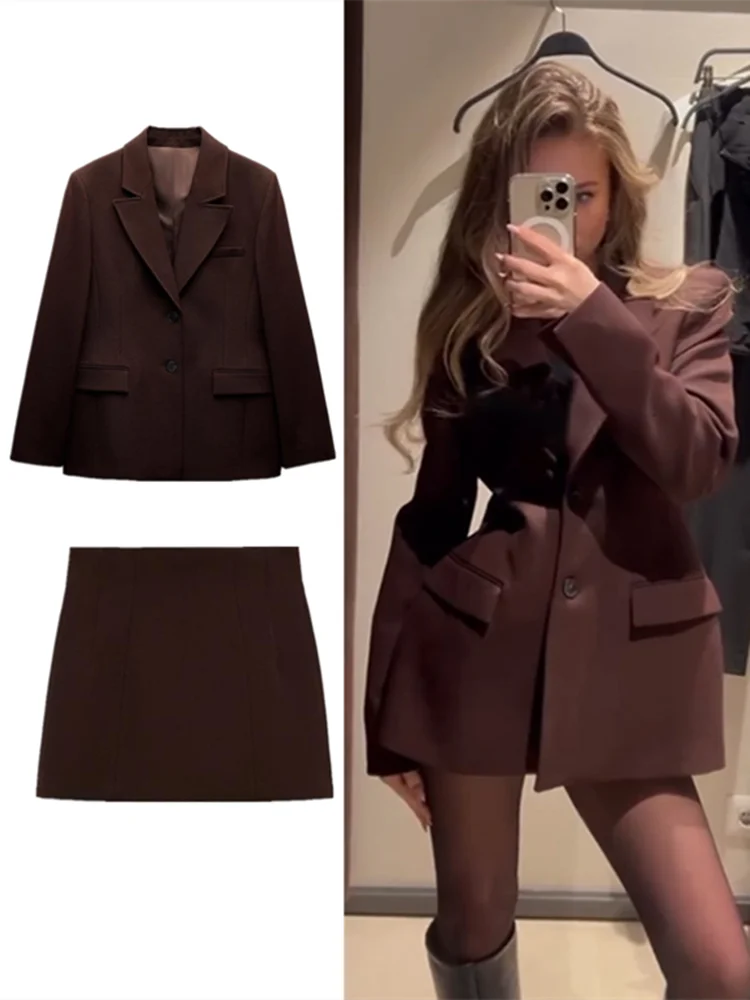 Elegant Office Lady Blazer Skirts Sets Lapel Long Sleeve Slim Waisted Women's Jacket A-line Mini Skirt 2025 Spring New Lady Set