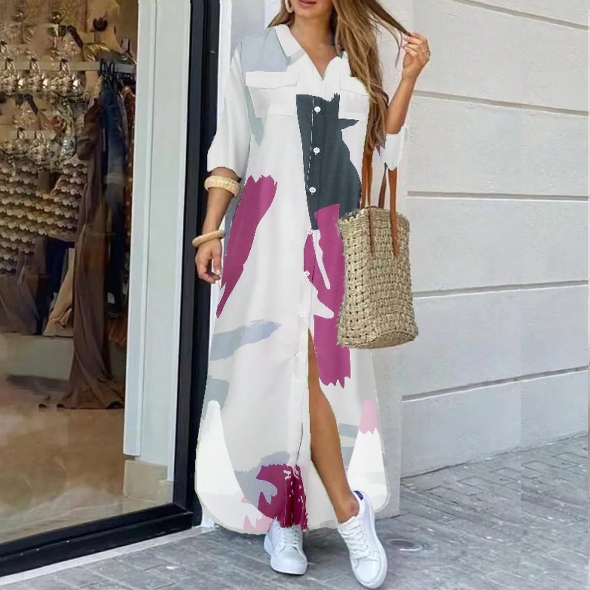 

Women Long Sleeve Shirt Dress Elegant Loose Printing Button Up Long Dress Robe 2024 New Vestido Females Casual Maxi Dresses
